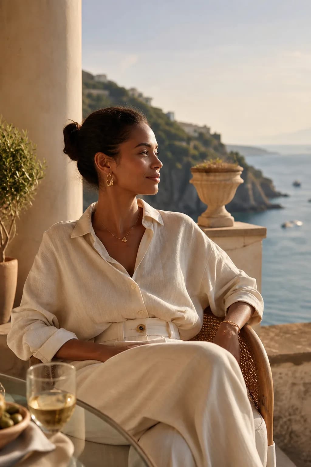 A woman of color enjoying a refined luxury coastal lifestyle at sunset