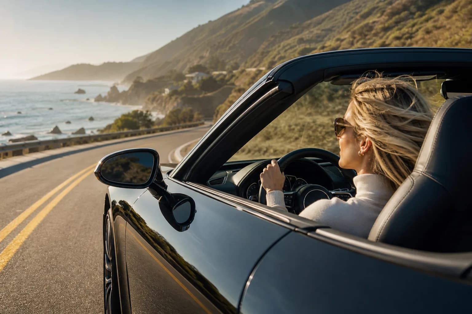 A woman driving a luxury sports car on a scenic American coastal highway