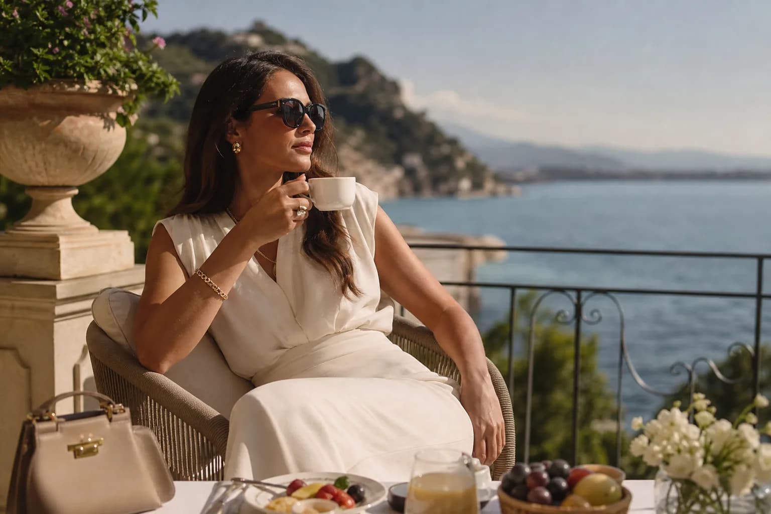 A woman enjoying a relaxed luxury breakfast with an ocean view