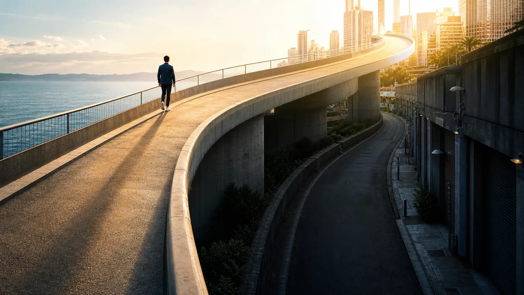 A concrete fork in the road showing one bright rising path and one fading downward path