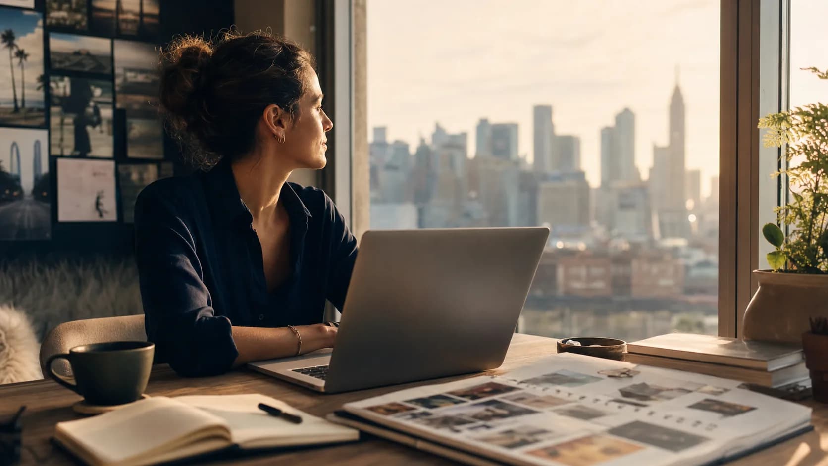 An ambitious person looking toward a brighter future with a laptop and city light
