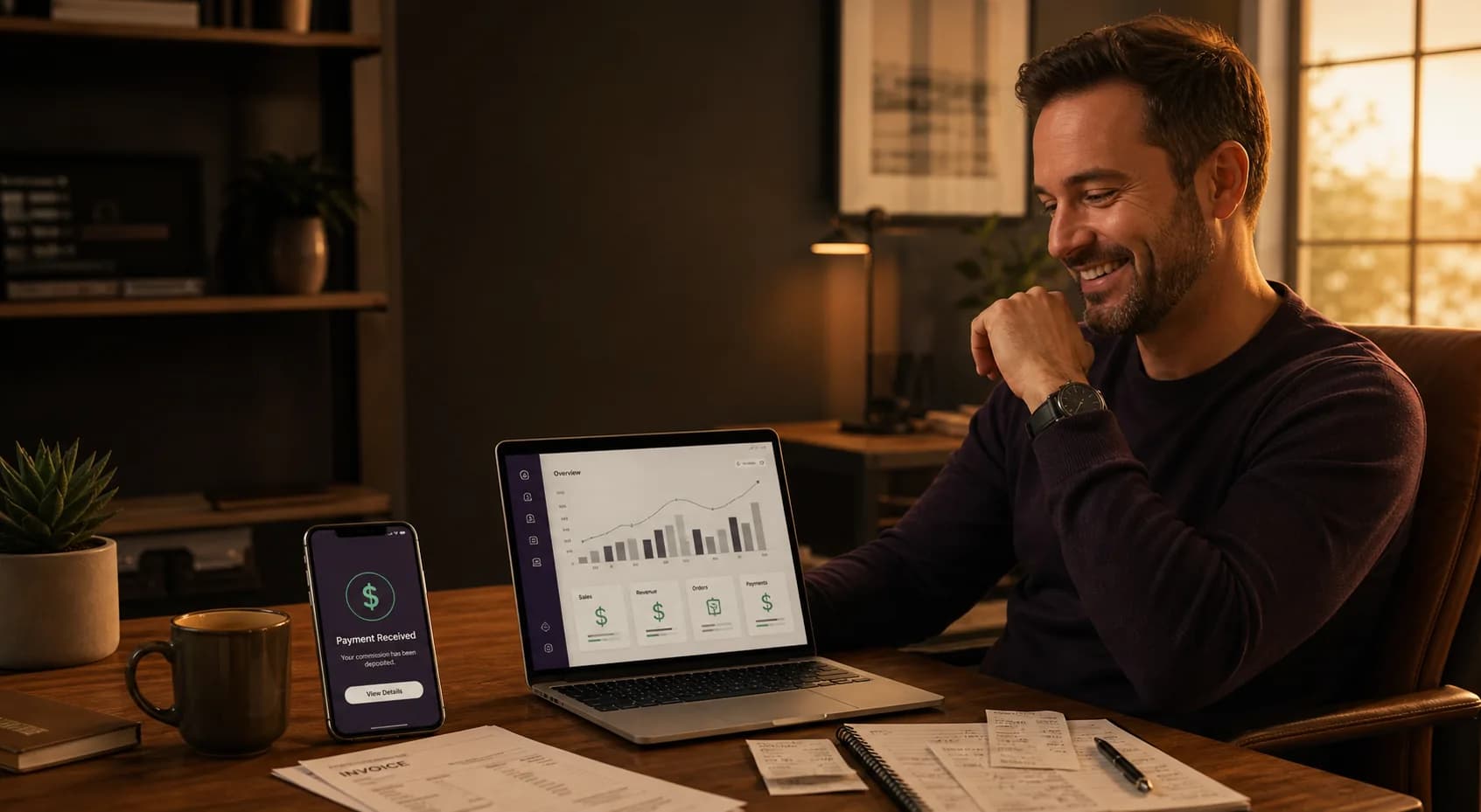 An entrepreneur reviewing payout and sales activity on a laptop and phone